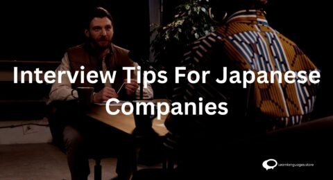 Professional setting with icons representing key interview tips for Japanese companies, including proper attire, respectful gestures, language proficiency, and cultural awareness. The image visually guides applicants on essential elements for a successful interview in a Japanese corporate environment