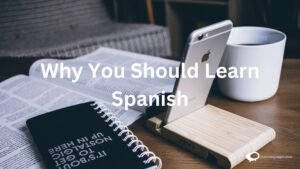 '5 Good Reasons to Speak Spanish' with icons representing diverse cultural experiences, career opportunities, travel, communication, and personal growth.