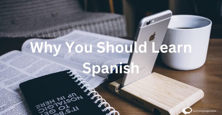 '5 Good Reasons to Speak Spanish' with icons representing diverse cultural experiences, career opportunities, travel, communication, and personal growth.