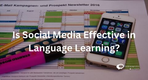 A dynamic visual representation illustrating the impact of social media on language learning, featuring icons of platforms, language-related content, and engaged learners.