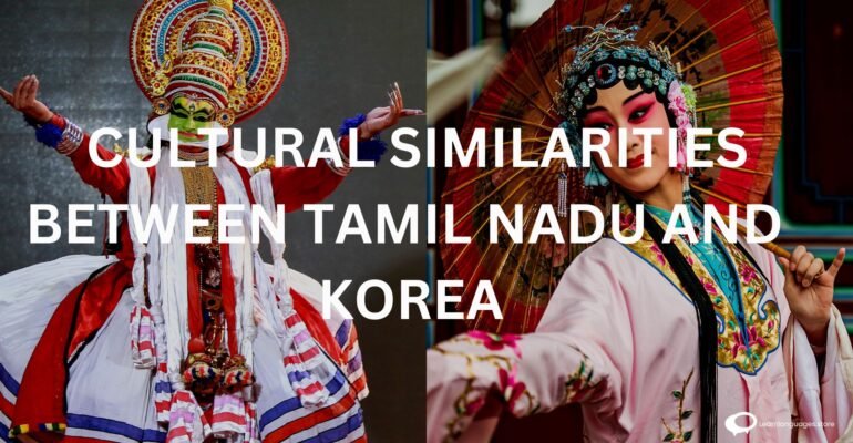 Collage capturing cultural similarities between Tamil Nadu and Korea, featuring traditional attire, festive celebrations, and cultural symbols