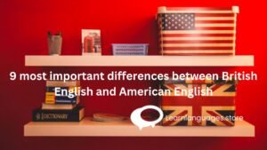 "Image showcasing a comparison chart with British and American flags, highlighting key differences between British English and American English."