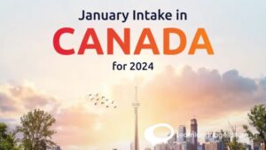 "Image showing a calendar with the date set to January 2024 and various university logos and application forms, symbolizing the Winter intake timeline in Canada."