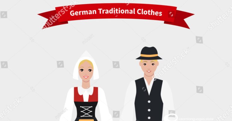 "Image featuring individuals wearing traditional German attire like Dirndls and Lederhosen, showcasing the variety and cultural significance of German clothing."
