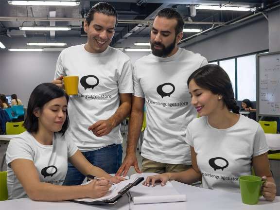 group-of-four-coworkers-talking-while-wearing-different-tshirts-mockup-a15650-1