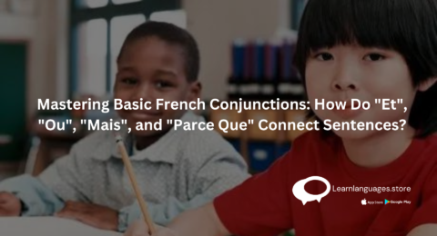"Illustration of French conjunctions Et, Ou, Mais, and Parce Que connecting words in sentences."