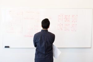 man standing infront of white board