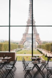 a scenic view of the eiffel tower from a restaurant