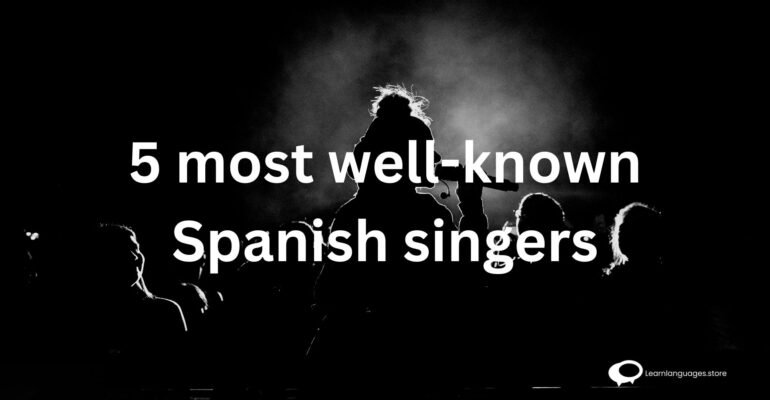 A vibrant collage featuring images of five renowned Spanish-speaking singers, each associated with learning Spanish through their music. The singers' names and iconic visuals are highlighted, creating an engaging representation of the language-learning experience