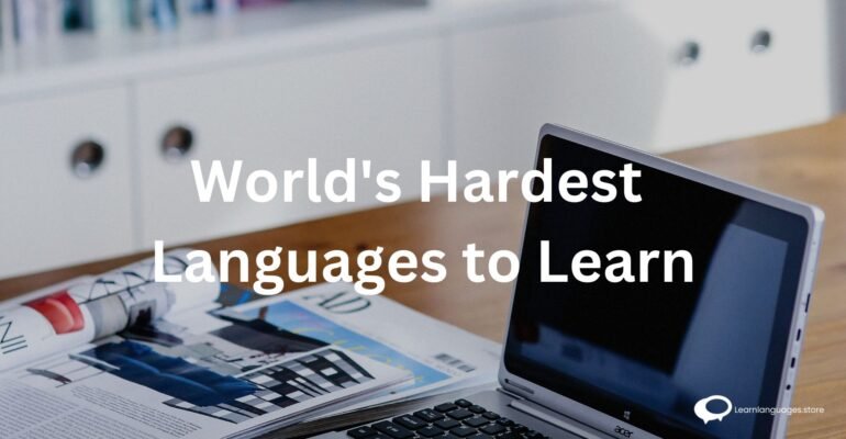 : A linguistic puzzle with diverse alphabets and characters, representing the complexity of languages. Text reads 'Hardest Language to Learn.' Conceptual illustration highlighting the challenges and diversity in language acquisition