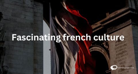 The Fascinating Culture of France' with iconic French symbols like the Eiffel Tower, croissants, berets, and art representing French culture.