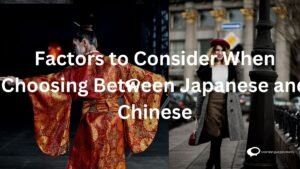 Japanese and Chinese: Factors to Consider' with icons representing language difficulty, cultural interests, career opportunities, and personal goals