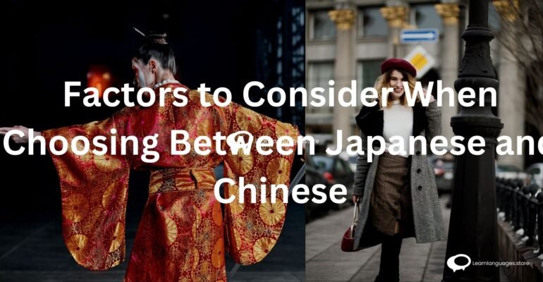 Japanese and Chinese: Factors to Consider' with icons representing language difficulty, cultural interests, career opportunities, and personal goals