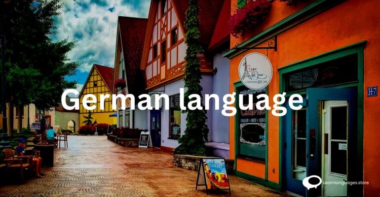 Professional setting with icons representing career growth, language proficiency, and a German flag.