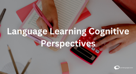'Cognitive Language Learning Perspectives' with brain icons, books, linguistic symbols, and arrows representing various learning approaches