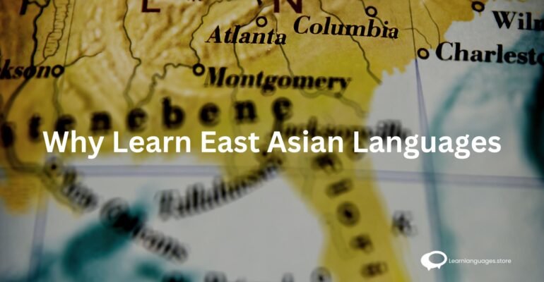 Inspiring visual representation showcasing the diversity of East Asian languages, featuring icons representing Chinese, Japanese, and Korean scripts, language books, and cultural symbols. The image conveys the richness and appeal of learning East Asian languages