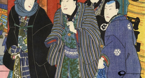 'Japanese Theater' with traditional Kabuki and Noh theatre masks, performers in elaborate costumes, and stage settings