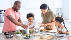 Image showcasing a kitchen scene with cooking ingredients, utensils, and a language learning book, illustrating the connection between cooking, food, and language learning