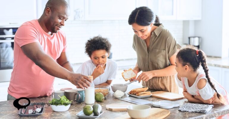 Image showcasing a kitchen scene with cooking ingredients, utensils, and a language learning book, illustrating the connection between cooking, food, and language learning