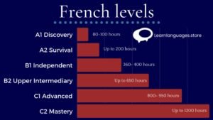 "Image showing a beginner's French language textbook with vocabulary and grammar exercises, representing learning French at A1 or A2 levels for beginners."