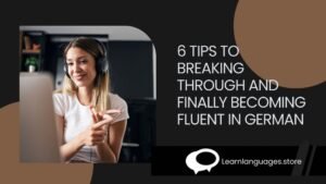 "Image featuring a person holding a German language book and practicing speaking German with a native speaker, representing tips for achieving fluency in German."