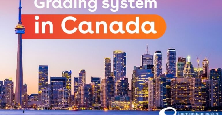 : "Illustration showing the Canadian grading system, featuring letter grades and GPA scales."