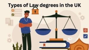 "Law books and graduation cap with UK flag - Types of Law degrees in the UK"
