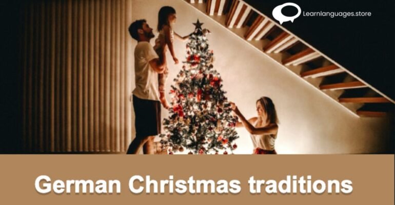 "Image featuring various German Christmas traditions such as Christmas markets, nutcrackers, and Advent wreaths, representing the richness of German holiday customs."