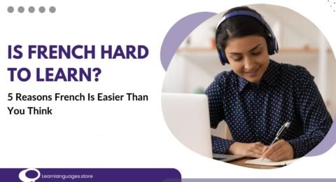 "Image depicting a person happily learning French with study materials and a French flag in the background, symbolizing the ease of learning French."