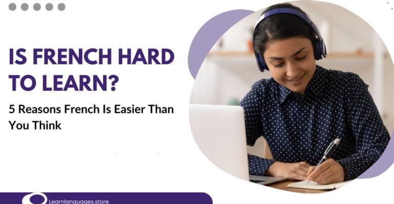 "Image depicting a person happily learning French with study materials and a French flag in the background, symbolizing the ease of learning French."