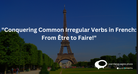 Illustration of a person holding a French flag with the text "Mastering Present Tense of Common Irregular Verbs in French" written on it.